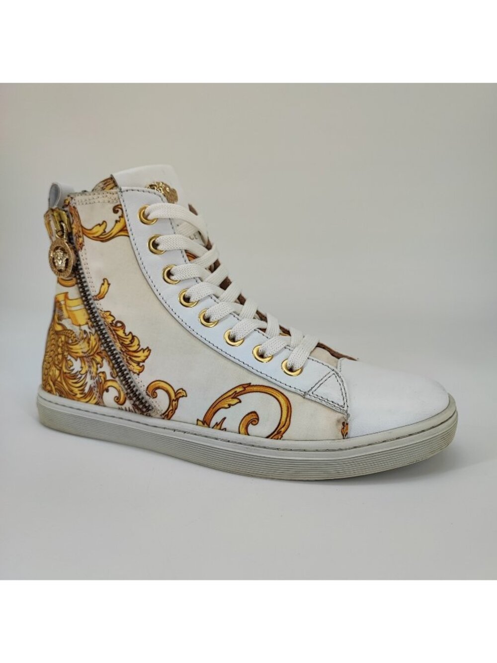Versace Kids Size 3.5 Youth White Leather Barocco High Top Sneakers